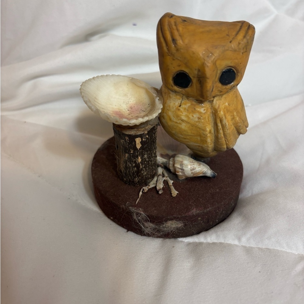 Handcrafted Owl and Seashell Art Piece - Brown and Cream